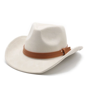 Classic cream faux suede western cowboy hat with brown leather band and upturned brim