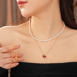 Double Layer Necklace With Imitation Artificial Pearl And Red Enamel Rocking Horse Pendant Gold Plated Copper Zircon Jewelry For Women
