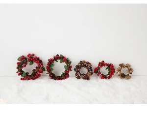 Five styles of mini Christmas candle rings with red berries, pine cones and green leaves