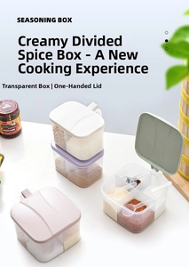Close-up of a 4-compartment seasoning box with transparent lids and small spoons