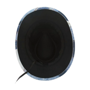 Detail view of denim sun hat interior featuring black fabric lining and adjustable strap