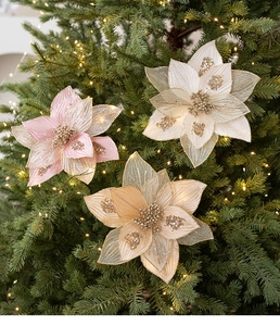 Detail of glittered sequin poinsettia flowers in pink and gold on a Christmas tree