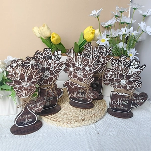 Mother's Day Wooden Flower Ornament Table Desktop Decoration With Heart Tag Laser Cut Bouquet Vase Gift For Mom