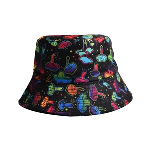 Black bucket hat with neon mushroom print for outdoor sun protection for men and women