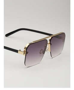 Detail view of square metal browline sunglasses with purple gradient lenses and gold frames