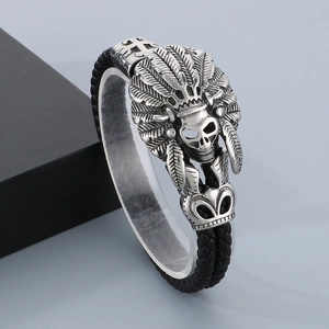 Men Braided Leather Bracelet With 316L Stainless Steel Indian Chief Skull Punk Rock Vintage Gothic Ethnic Style Jewelry