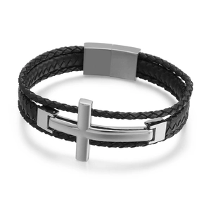 Multilayer black woven leather bracelet with silver stainless steel cross and magnetic clasp