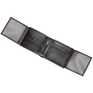 Detailed interior of a black leather wallet with multiple card slots and a coin pocket
