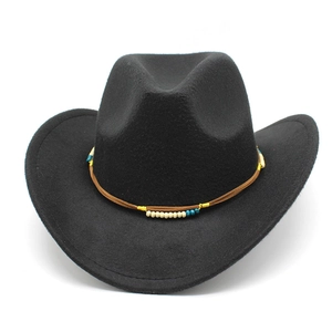 Classic black wool felt western cowboy hat with ethnic beaded band and wide brim