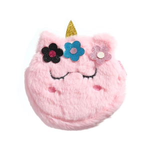 Cute pink plush unicorn shoulder bag for little girls with 3D floral accents and golden horn