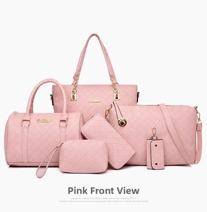 Pink 6-piece woven textured handbag set including tote and matching purses on white background