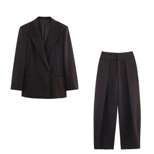 Blazer Oversize Et Pantalon Large Taille Haute Pour Femmes Couleur Unie Polyester Business Casual Streetwear Costume
