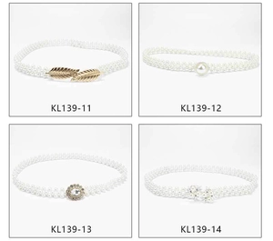 Four styles of elastic pearl waist chains featuring leaf, rhinestone, and flower buckles