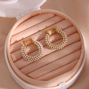 18K gold plated stainless steel hoop earrings with white pearls in a pink jewelry box