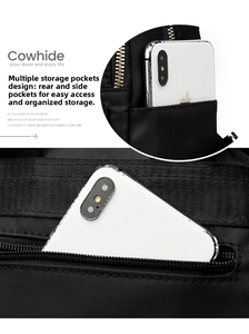Detail of cowhide backpack featuring side pockets and a secure rear zipper compartment