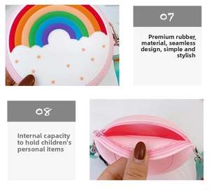 Detailed view of pink round silicone kid bag with rainbow star pattern and zipper
