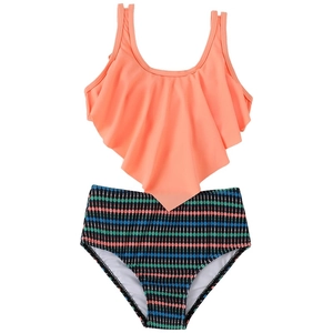 Maillot de bain deux pièces fille avec haut à volants orange et culotte taille haute à pois