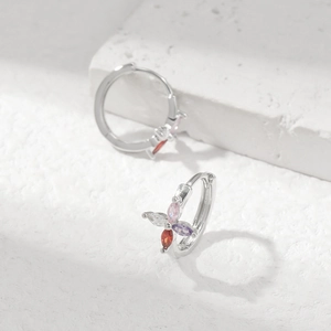 Silver-tone hypoallergenic hoop earrings with four multi-colored marquise-cut zircons
