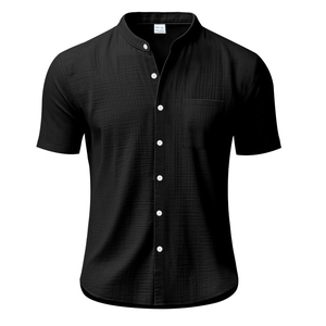 Detail of black linen short sleeve shirt featuring a mandarin collar and chest pocket