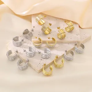 C-Shaped Hoop Earrings Stainless Steel Multi Row Sparkly Rhinestone Inlaid Chunky Luxury Style For Women