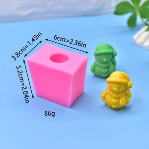Macro detail of snowman silicone mold showing product dimensions and finished 3D soap models