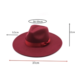 Burgundy wool Fedora hat detail showing 12cm height and 9.5cm wide brim measurements