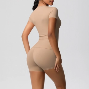 Rear view detail of high-elasticity nude-feel skin-tight sports T-shirt and shorts set