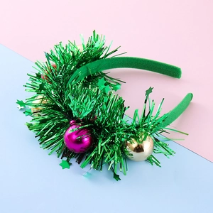 Christmas headband with green tinsel garland and shiny decorative ornaments