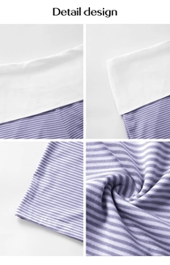 Detailed view of lavender striped knit fabric featuring smooth stitching and elastic waistband