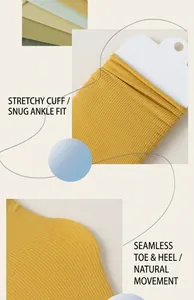 Detail of yellow ribbed velvet socks showing elastic cuffs and seamless heel construction