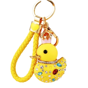 Sparkling crystal little yellow duck car keychain with yellow braided leather strap