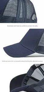 Detail van donkerblauwe truckercap met meshstof en versterkte klep voor ademend vermogen