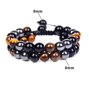 Double-layered 8mm tiger eye and black obsidian beaded adjustable woven bracelet for men