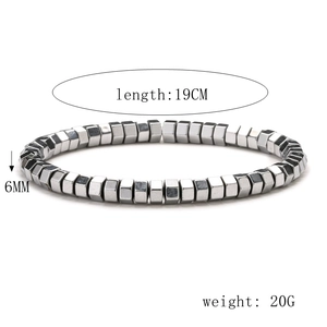 Detail of 6mm square hematite magnetic beads on a 19cm elasticated bracelet for unisex
