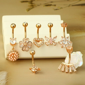 Rose gold stainless steel belly rings set with sparkling zircon floral and heart designs
