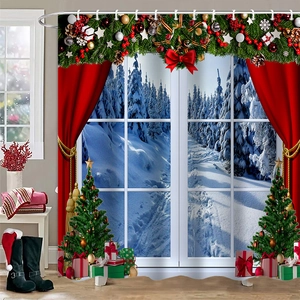 Detailed Christmas shower curtain with red drapes, snow window view, and festive tree prints