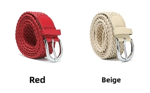 Detail of red and beige braided wax rope belts with vintage silver metal pin buckles