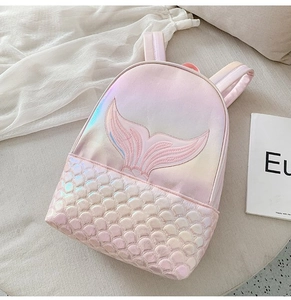 Detail of pink laser mermaid backpack featuring iridescent scales and embroidery