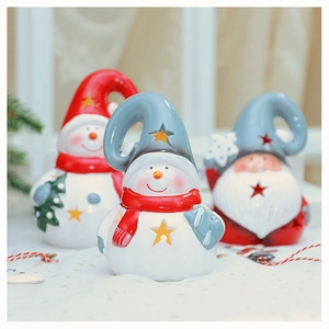 Detail of hollow star cutouts on ceramic snowman decor with festive LED glowing light