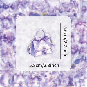 Detail showing a purple handbag sticker with floral decor and dimensions 5.6x5.8cm