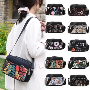 Women Printed Crossbody Bag Waterproof Nylon Multi Compartment Shoulder Bag Casual Lightweight Floral Pattern Handbag
