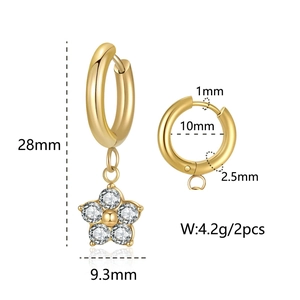 Luxurious gold flower hoop earrings with white zircon pendants and detailed dimensions