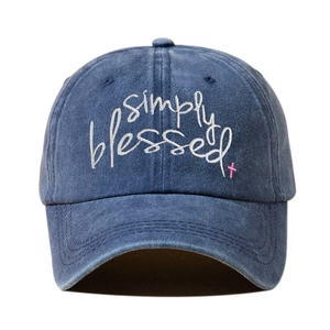 Washed blue denim baseball cap with Simply Blessed embroidery and pink cross