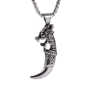 Vintage silver dragon head pendant necklace with animal tooth design for men in punk style