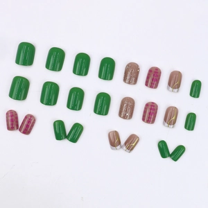 24pcs French style press-on nails with glitter champagne and green marble patterns