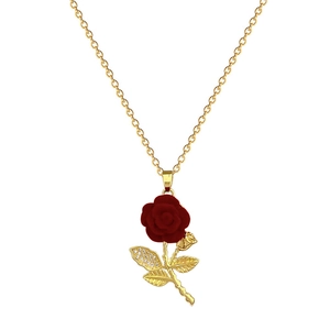 Luxurious gold titanium steel necklace featuring a red rose pendant with diamond accents