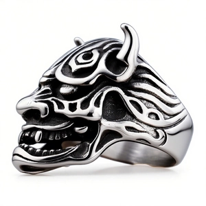 Vintage punk Hannya mask ring in silver and black stainless steel with a detailed side view