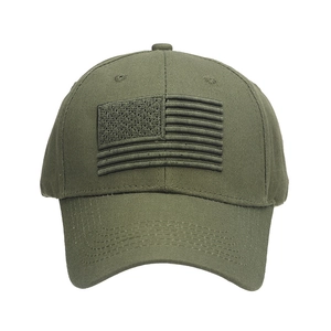 Olive green baseball cap with embroidered American flag in tactical military style