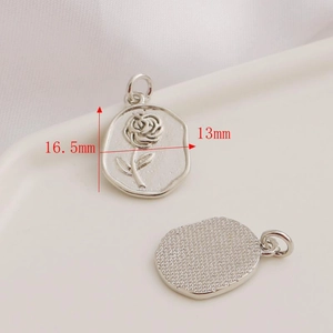 Front and back view of 3D rose flower pendants in 14K gold plated finish with dimensions