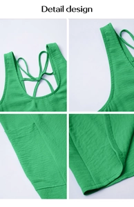 Detail view of green summer dress featuring lace-up back, side pockets and knit texture